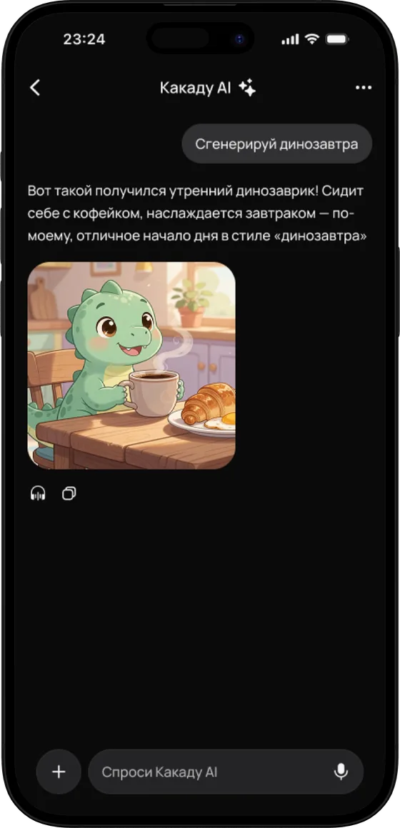 Чат Kakadu: по запросу сгенерировать динозавтра ассистент рисует картинку мультяшного динозаврика с чашкой кофе и круассаном